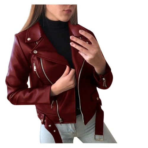 Manteau Femmes Veste Cuir Zipper Veste Courte Cuir Moto Biker Blazer Vintage Manches Longues Couleur Unie Mode Blousons Fermeture éclair Femme Grande Taille Veste Cuir...