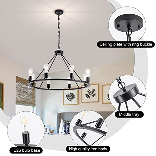 Fourant Home Wagon Wheel Chandelier 31.49'' 8 Lights, Black Round Rustic Farmhouse Chandelier Extra Large For High Ceilings, Dining Room, Living Room Entryway Foyer #TOP3