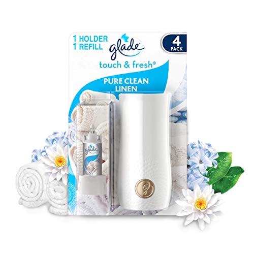 Glade Touch & Fresh Air Freshener Holder and Refill, Touch Activated Odour Eliminator for Bathroom & Home, Clean Linen, Pack of 4 Starter Kits, (4 x Holder and 4 x 10ml Refill)