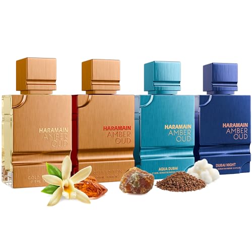 Al Haramain Amber Oud Eau de Parfum 4PC 10ML Each Mini Perfume Set for Women & Men – Cologne Gift Set, Unisex Arabian Perfume Sampler with Gold & Ruby Edition, Dubai Night and Aqua Dubai Fragrances