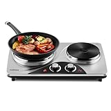 Double Burner, CUSIMAX 1800 Watts Electric Hot Plate for Cooking, Countertop Burner Portable Cast Iron Hot Plates with Dual Adjustable Temperature, Easy to Clean, Sliver