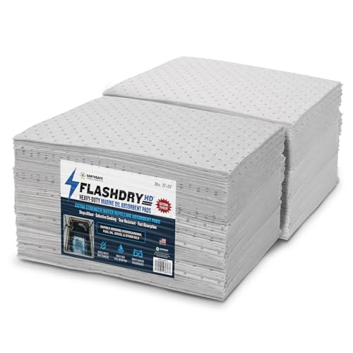 Image of FLASHDRY Heavy Duty Marine Oil Spill Absorbent Pad, 300GSM /4mm 200-Count 17.5 inch x 13.5 inch Pads - Fuel, Diesel & Bilge Water Cleanup, Water-Repellent, Tear-Resistant Hydrocarbon Absorption