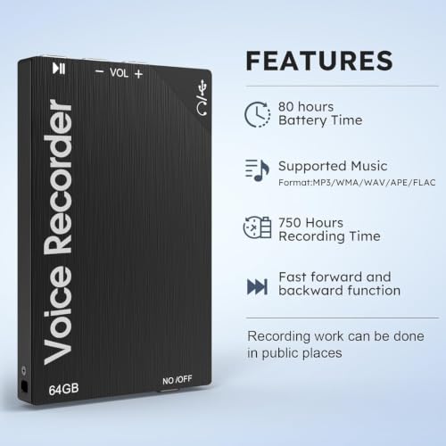 Image of DDLC Digital Mini Voice Recorders -Small Hidden Spy Super Long Storage Capacity 64GB | Date & Time Stamp | Easy to Use | Crystal Clear Sound Digital Recording Mp3 Player (DVR 64GB)