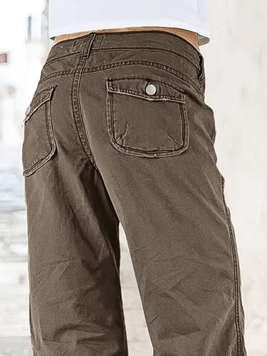 Flamingals Straight Leg Pants for Women Mid Rise Baggy Cargo Solid Dual Button Patch Pocket Casual Pants4