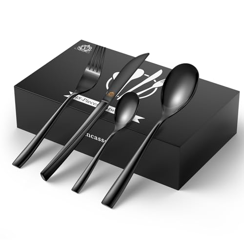 VancassoCutlery Set Black for 12 People, 18/10 Stainless Steel Knife/Fork/Spoon/Dessert Spoon, 48-Piece Set with Handle, Polished and Gift Box, Modern and Simple Design