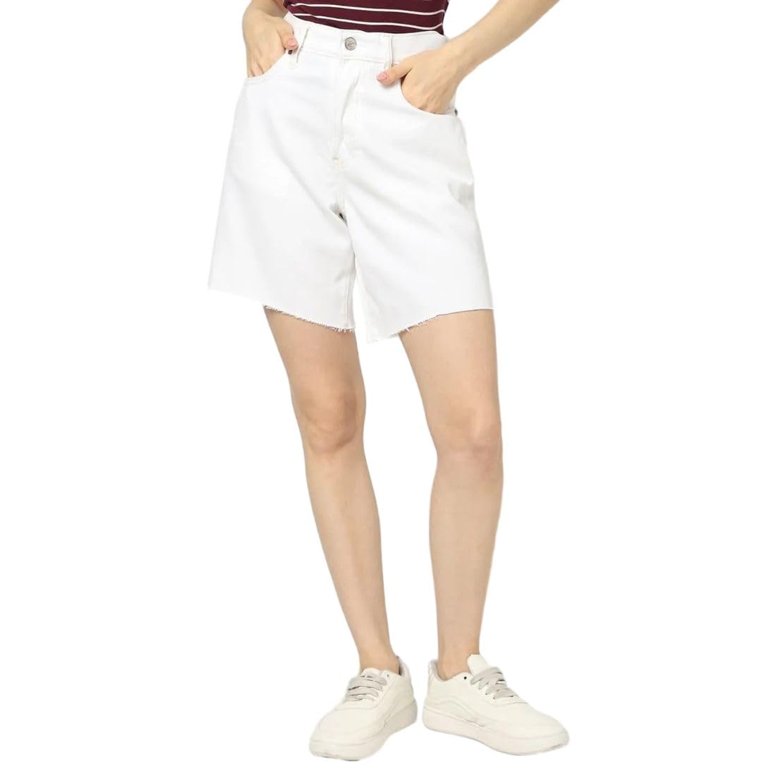 Women Mid Rise Denim Shorts, White, 32-image-42