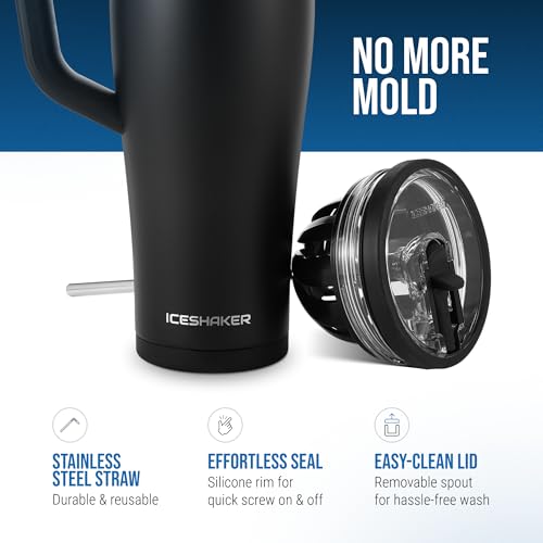 Image of Ice Shaker 40 oz Tumbler with Handle and Straw | 40oz Black | Cold for 30+ Hours | 2-in-1 Tumbler Shaker Bottle | Odor-Free 40 ounce Bottle for Water, Protein Shakes, Smoothies, Cocktails