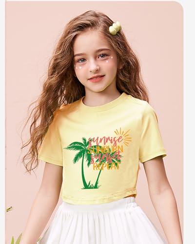 DDSOL Girls Crop Tops Summer Palm Tree Sunset Beach Shirt Hawaii Short Sleeve Tropical Tshirts for Teen Girl 6-14 Years2