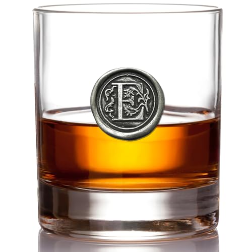 English Pewter Company 11oz Old Fashioned Whiskey Rocks Glass With Monogram Initial - Unique Gifts For Men - Personalized Gifts With Your Choice of Initial (E) MON105