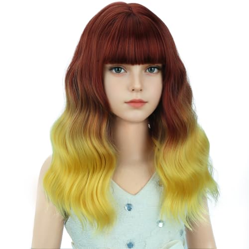 Image of Flame Wig Fire Wig with Bangs Short Wavy Curly Wigs Synthetic Cosplay Hair Wigs