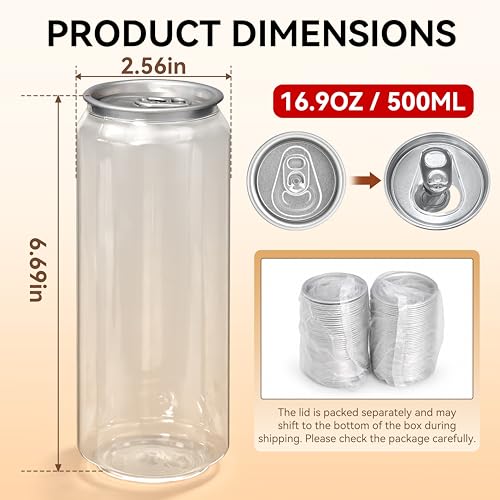 Image of 100-Pack Plastic Juice Bottles with Caps Empty Soda Cans with Aluminum Lids for Smothies, Boba, Beer - Only Compatible with Can Sealers (16.9oz /500ml)