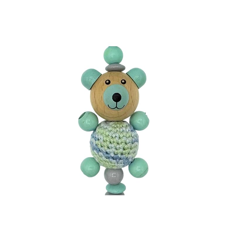 Set Nuckelkette + Kinderwagenkette mit Namen " 3D - BÄR MIT HÄKELKÖRPER " Mint Hellgrau/Baby/Unisex/Personalisiert/HANDMADE