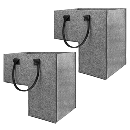 LASZOLA 2 Pack Staircase Organizer Basket Felt Stair Basket, Large Stair Storage Organizer with Faux Leather Handles L-Shape Stair Tidy Basket for Laundry Toys Household Items - Durable & Collapsible