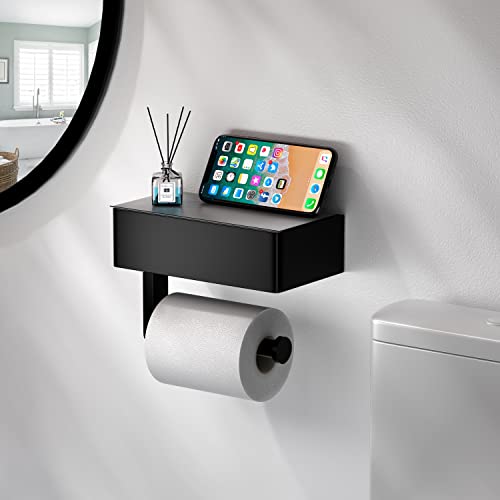 Tindbea Toilet Paper Holder With Shelf, Matte Black Flushable Wet Wipes Dispenser For Bathroom Storage, Wall Mount Stainless Steel Tissue Roll Holder For Feminine Product (Regular) #TOP5