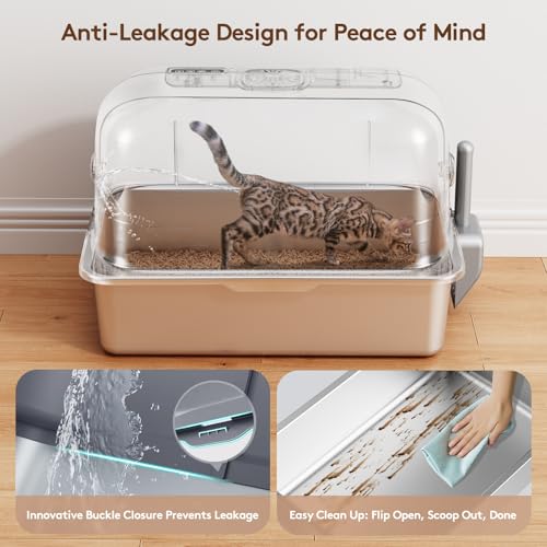 Stainless Steel Litter Box, Patented Ordor Control Technology, No Filters Needed, Convenient Flip-Top Lid, Extra Lage 65L Enclosed, Anti-Leak, Comes with Scoop & Litter Mat, Easy to Clean