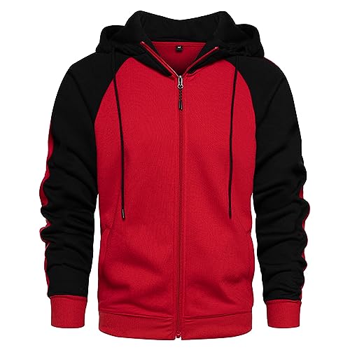 Wirltte Men's Hoodie Casual Hoodies for Men Pockets Full Zip Long Sleeve Sweatshirt Sports Hooded Jacket Red Black 2XL