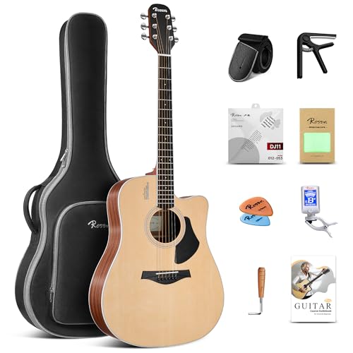 Rosen G11 Dreadnought Acoustic Guitar for Beginners Adult, Teens, Full Size Steel-String Acustica Guitarra 41 Inches Spruce Guitars Starter Kits with Gig Bag, Tuner, Strings, Picks, Guitar Books