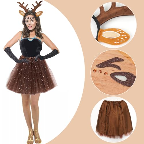 Rentier Kostüm Damen Cosplay Kostüm Set für Halloween Karneval Rentier Haarband LED Tüllrock Tattoo Aufkleber Gesicht Aufkleber Braun Tüllrock für Damen Tier Kostüm Erwachsene