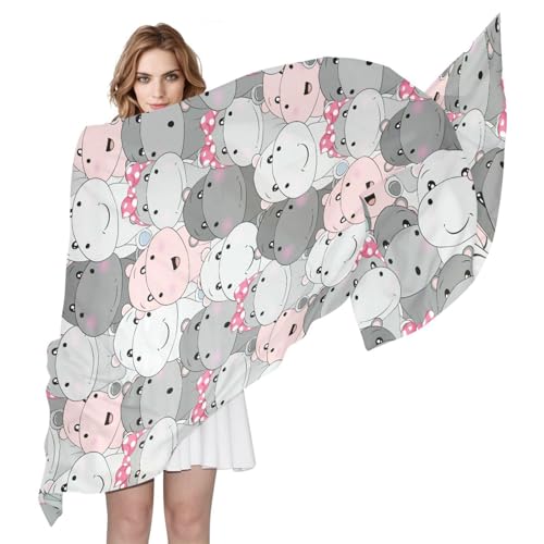Long Silk Scarf Hippo Animal Cartoon for Women's Soft Fashion Scarves Sunburn Shawls4