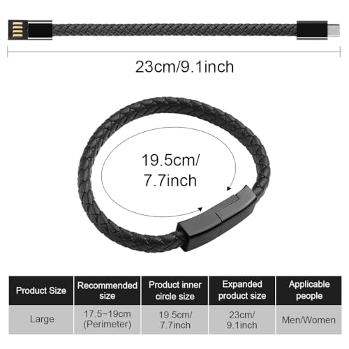 Image of ZORBES USB C to USB A Bracelet Charging Cable, 22.5 cm Portable USB Type C Fashion Leather Braided Wrist Strap Charging Data Transfer Short Cable, Black Bracelet for Men Women Jewellery Accessories
