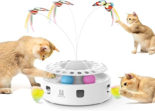 Potaroma 3-in-1 Interaktives Elektrisches Katzenspielzeug – Automatisches Federspiel, Flatternder Schmetterling & Katzenballbahn – USB-betrieben & Batteriebetriebenes für Wohnungskatzen