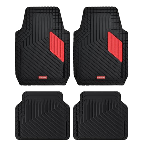 Image of Coverado Heavy-Duty PVC Car Floor Mats Full Set - Red Metallic Heel Pad, All-Weather Protection for Front & Rear, Non-Slip Backing, Easy-to-Clean Liners, 4 Pcs