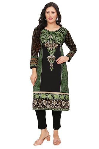 Maple Clothing Women's Long Kurta Indian Tunic Top Kurti (Black/Green2, S)