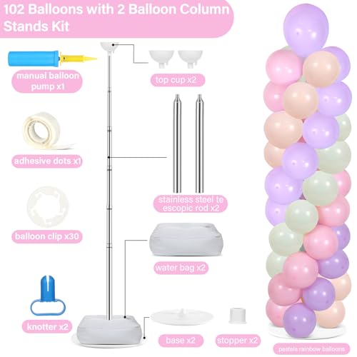 Image of 2 Sets Pastel Balloon Column Stand Kit with 100 Balloons Spring Mother's Day Adjustable Balloon Tower Stand with Bases for Floor Macaron Column for Graduation Birthday Rainbow Party Wedding Decor