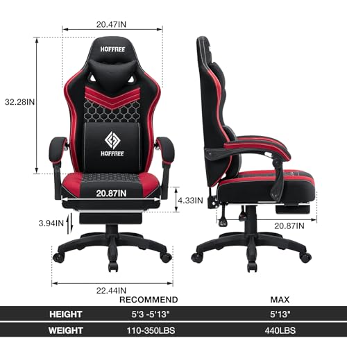 HOFFREE Gaming Chair Computer Chair Fabric with Pocket Spring Cushion Massage Game Chair with Footrest Ergonomic Gamer Chair with Lumbar Support Reclining Gaming Chairs for Adults Red and Black の商品画像 2