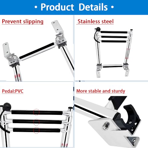 Mojiate Made Stainless Steel Boat Ladder 4-Step, Telescoping Transom Stepladder, Self-Lock Transom Mount Brackets, Rated to 400 Pounds