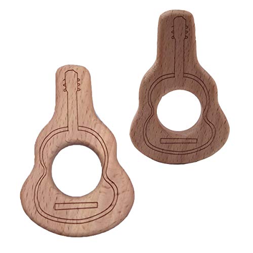 2pcs Lovely Cartoon Wood Guitar Pure Natural Animal Shape Beech Wooden Violin Handmade DIY Necklace Pendant (Guitar 2pcs)