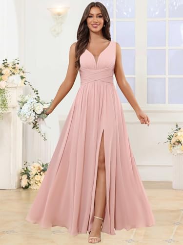 Ufashion Women's V Neck Bridesmaid Dresses for Wedding Long Chiffon Pleated Formal Dress Evening Gown with Slit3