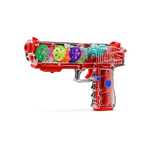 Image of WISHKEY Plastic Gear Simulation Toy Gun for Kids, Pretend Play Gun Toys with Flashing Lights and Exciting Music, Electric Laser Toy Guns with Rotating Gear Mechanism, Red, 3+ Years (Pack of 1)