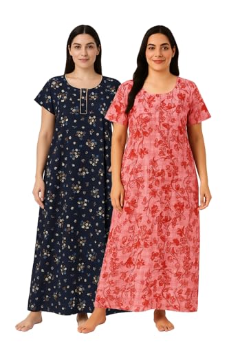 Image of Bahumaan Nighty for Women Cotton Combo Pack of 2 | Free Size Gown for Women Cotton with Side Pocket | Nighties for Women Pure Cotton Combo Stylish | Maxi Sleepwear