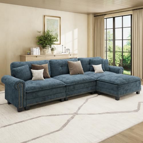 Image of HERA'S HOUSE 116 inch Oversized L Shaped Modular Sectional Couch Living Room | Mid-Century Modern 4-Seater Cloud Sofa, Cyan, Rolled Arms & Nailhead Trim, Wider & Deeper Seats, Ottoman, Chenille