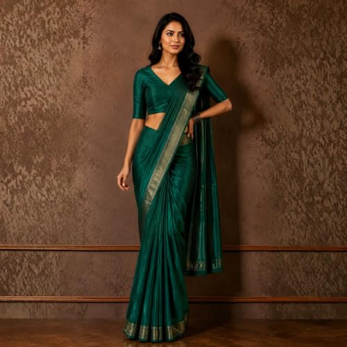 Image of Studio Shringaar Women Readymade Raw Silk V Neck Saree Half Sleeve Blouse