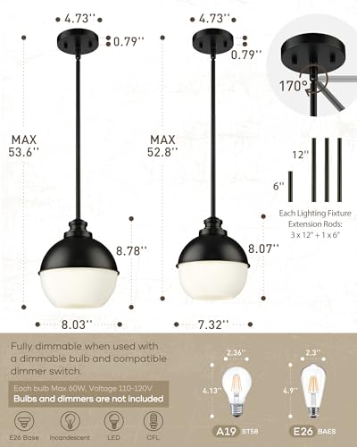 Image of Beionxii 7.3-Inch Black Pendant Light Fixture, Milk Glass Globe, Adjustable