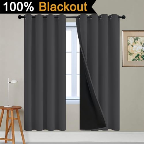 Image of Yakamok Charcoal Grey 100% Blackout Curtains 72 Inches Long 52 inch Wide 2 PCS | Blackout Curtain Panels for Bedroom, 2 Thick Layers Grommet Top Thermal Insulated Drapes with Black Liner for Living Room