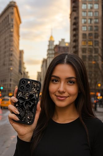 Image of COVERLY Black Bow Glitter Back Case for iPhone 12 Pro | 3D Minimalist Pearl Ribbon Cute Design | Camera Lens Protection | Soft TPU Silicone Aesthetic Print Cover for Girls & Women (Black, Shockproof)