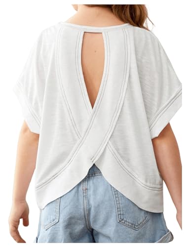 WDIRARA Girl's Cut Out Backless Loose Fit Tee Top Summer Round Neck Dolman Sleeve Solid Casual T-Shirt