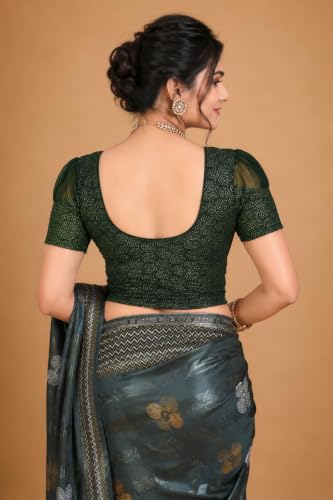 Image of SFT Women's Organza Patch Readymade Saree Blouse with Round Neck Half Sleeves Abstract Pattern Pull On Closure Regular Fit and Standard Length