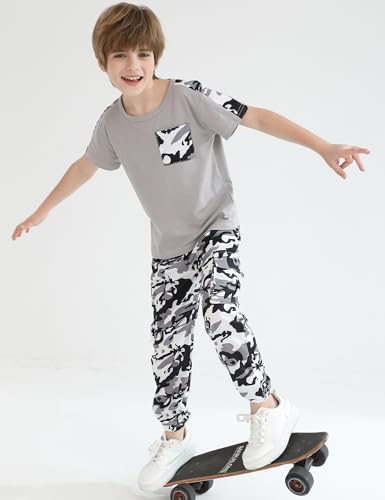 Image of mksodopy Boys Clothes Outfits Set, Camo Cargo Pants and Short Sleeve Pocket Tee 2PC Summer Tracksuit for Kids 5-16Y