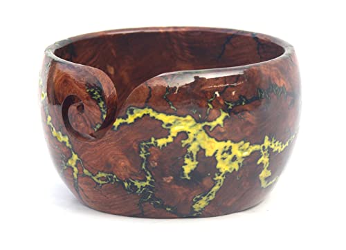 Image of Lichtenberg Figure Yarn Bowl - Handmade Wooden Yarn Bowl for Knitting Yarn Ball Holder - Yarn Bowls with Holes Crochet Bowl Holder - Yarn Storage Bowl 7 inch x 4 inch inches (Yellow-B)