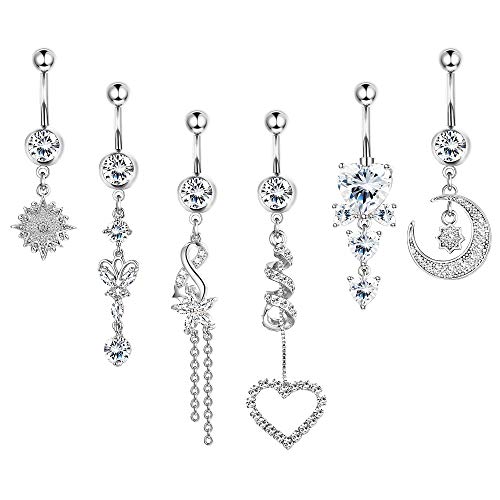 Hanpabum 6pcs 14g Belly Button Rings Dangle, Navel Rings Barbell CZ Paved, Surgical Steel Body Piercing Jewelry for Women Girls