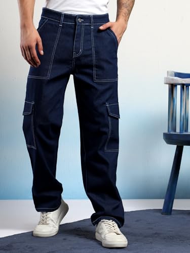 Image of KOTTY Men's Loose Fit Cargo Denim Jeans - Vintage Washed Utility Jeans with Side Pockets