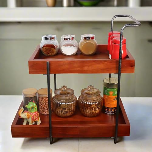 Image of Premium Woodpecker Wooden kitchen rack| Shelf with 2 Spacious Compartments, Easy Kitchen Grocery Organiser, Organizer, Kitchen Spice Racks and Storage, Antique Black & Brown.
