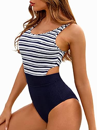 MOLYBELL Modest Swimsuit for Women Athletic One Piece Bathing Suit with Zipper High Cut Striped Monokini Swimsuits for Teen Girls Size Medium (Navy/White, Medium)