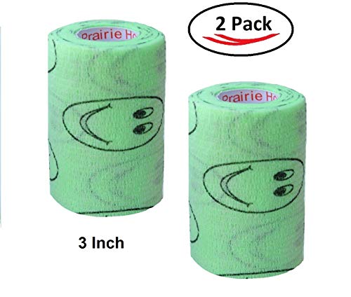 Image of Vet Wrap Wrap Tape (Green with Smiles Pattern) (2 Pack) (4 Inch x 15 feet) Self Adhesive Adherent Adhering Cohesive Flex Self Stick Bandage Grip Roll Dog Cat Pet Horse