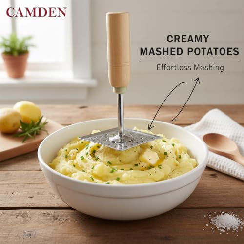 Image of CAMDEN Premium Stainless Steel and Wooden Handle Potato Masher | Strong Handle with Premium Polish | Rust Free Heavy Duty Vegetable Masher for Kitchen (Square)