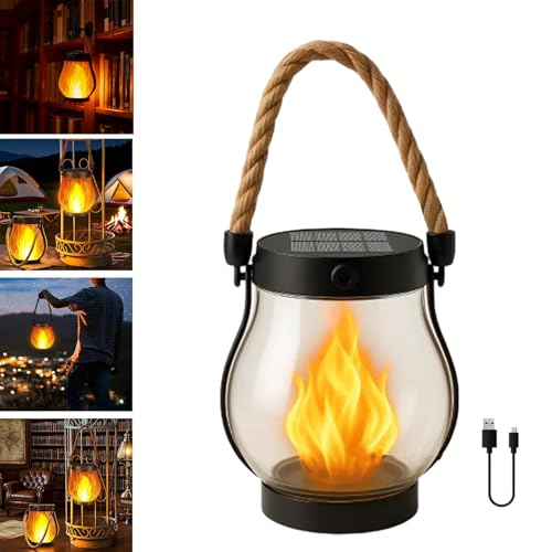 Softvenera Solar Lanterns Outdoor Solar Hemp Rope Flame Lamp No Wiring Auto-On at Dusk for Camping Yard Patio Garden Decor (1Pcs)